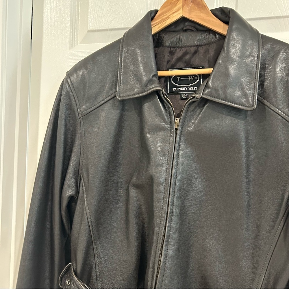 VTG 90s Tannery West Leather Black Brown Belt Collar Zip Jacket Coat Women XL - Picture 7 of 17